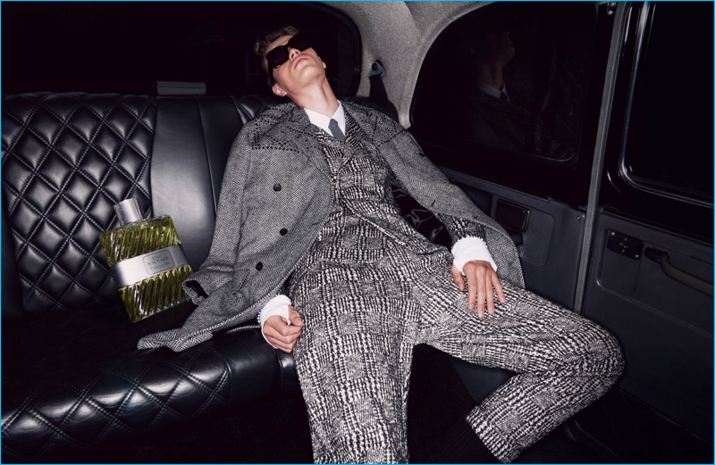 Filip Hrivnak takes it easy in a modern houndstooth suit from Valentino.