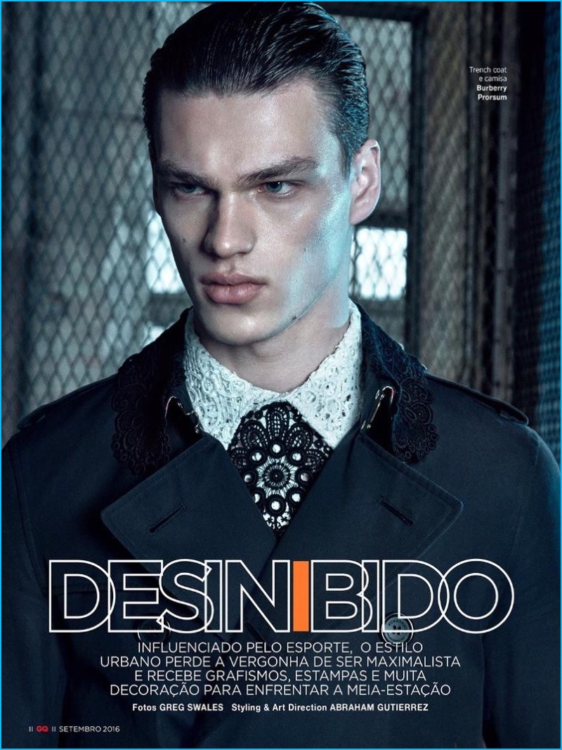 Filip Hrivnak dons a Burberry look for an editorial in GQ Brasil.