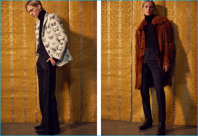 Left to Right: Dominik Sadoch wears black suede boots Haider Ackermann, butterfly print blazer, turtleneck and wool trousers Alexander McQueen. Dominik wears sheep fur jacket Ann Demeulemeester, trousers Givenchy, and leather chelsea boots Haider Ackermann.