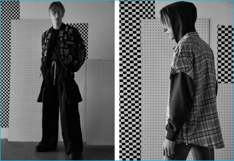 Left to Right: Domink Sadoch wears graphic bomber jacket Marcelo Burlon, corporate tee Yohji Yamamoto, drawstring pannier cargo pants Rick Owens, and leather pro model sneakers Rick Owens x Adidas. Dominik wears distressed denim jeans RTA, hoodie and sleeveless flannel shirt Fear of God.