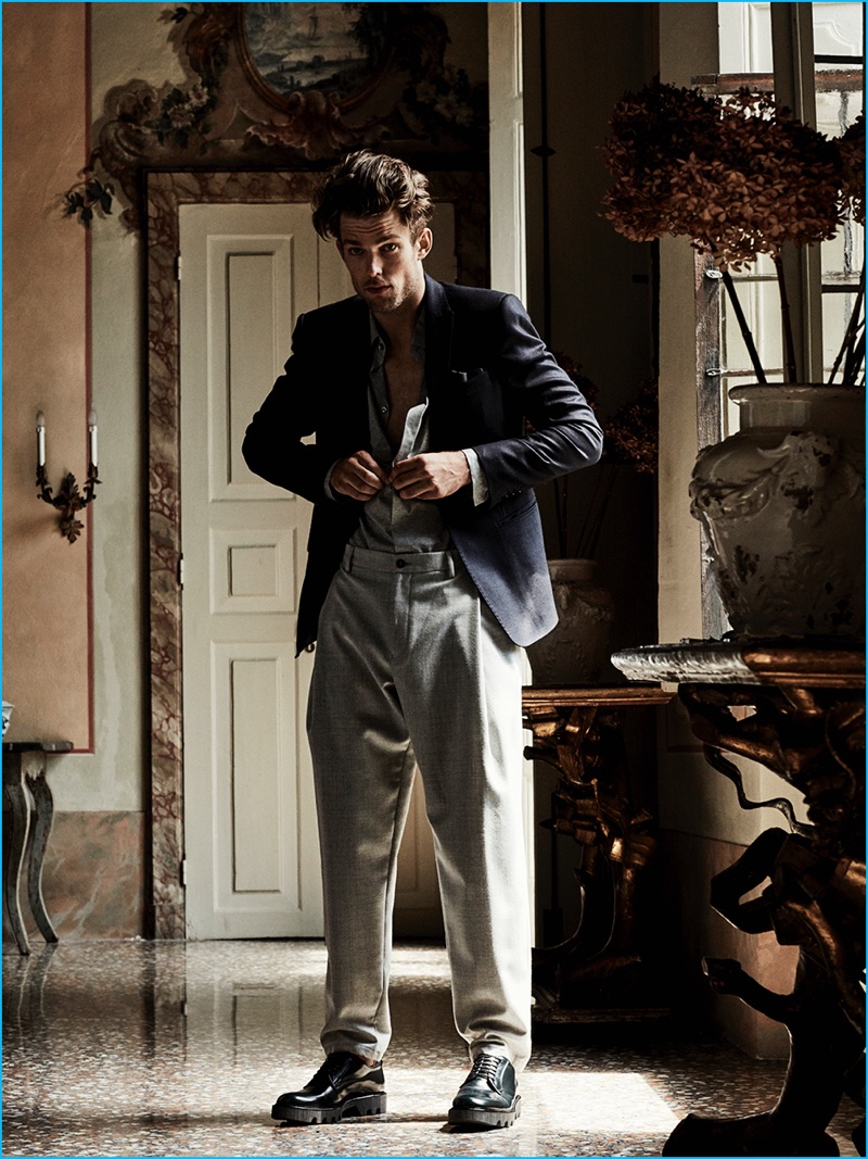 Nils Butler dons relaxed tailoring from Emporio Armani for GQ España.