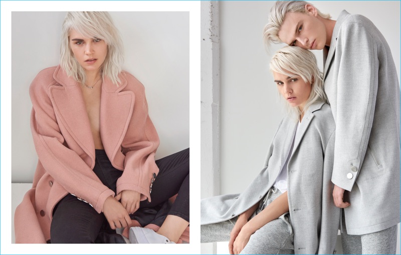 GUESS embraces a soft pink and grey color palette for sleek coats from its His & Hers collection.