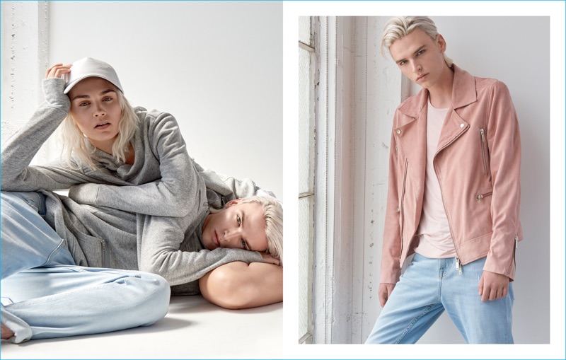 GUESS proposes leisure with its grey hoodies or a more city look with its statement biker jacket.