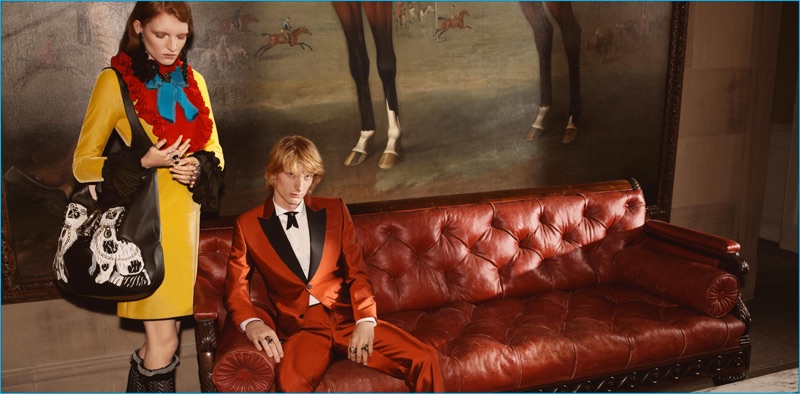 Model Dwight Hoogendijk dons a red tuxedo for Gucci's cruise 2017 campaign.