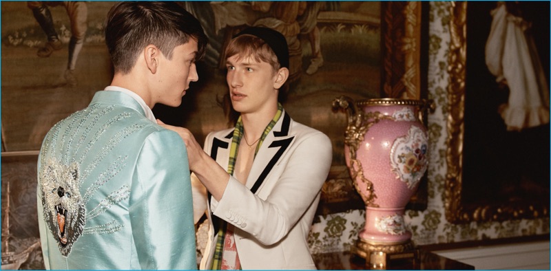 Nick Fortna and Conner Rowson adjust their suiting as the stars of Gucci's cruise 2017 campaign.