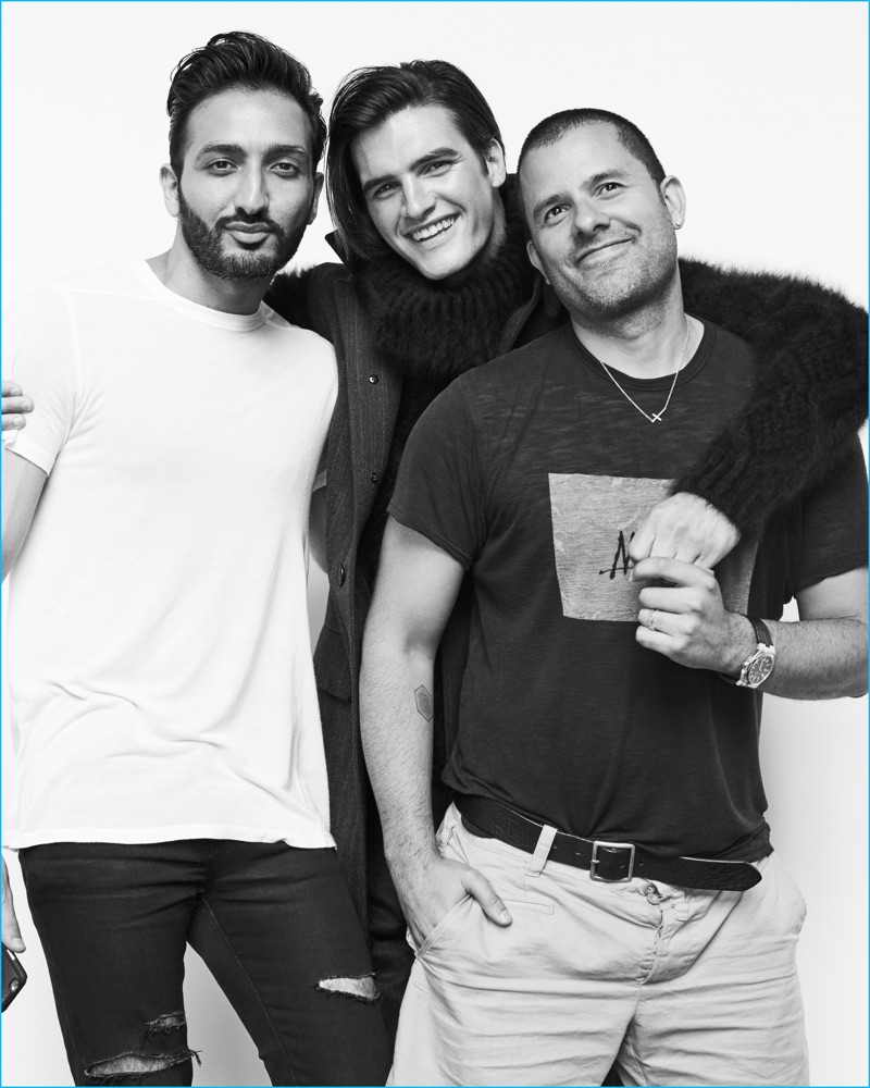 Matthew Terry poses for a picture with Hassan Al-Saleh and Mariano Vivanco behind the scenes of their H magazine photo shoot.