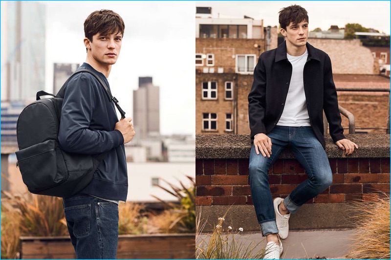Left to Right: H&M bomber jacket, straight regular jeans, and backpack. H&M wool-blend coach jacket, long-sleeved t-shirt, skinny low jeans, and white leather sneakers.