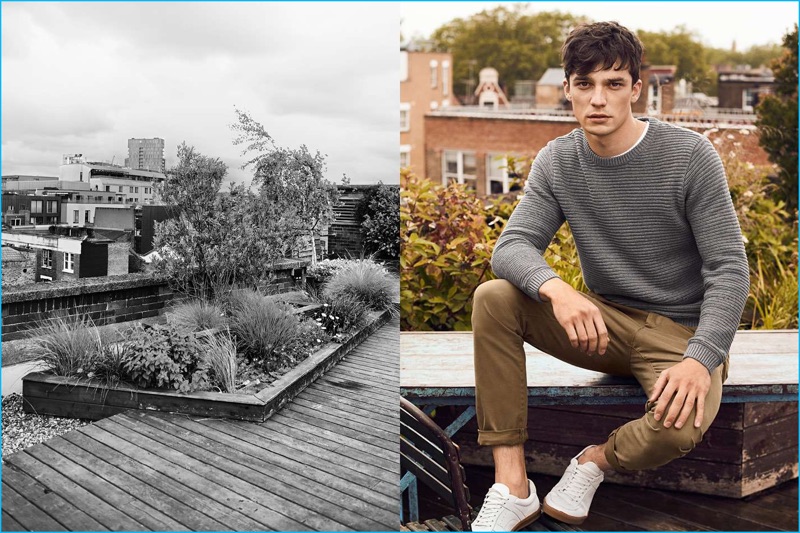 H&M ribbed sweater, stretch t-shirt, skinny fit chinos, and white leather sneakers.