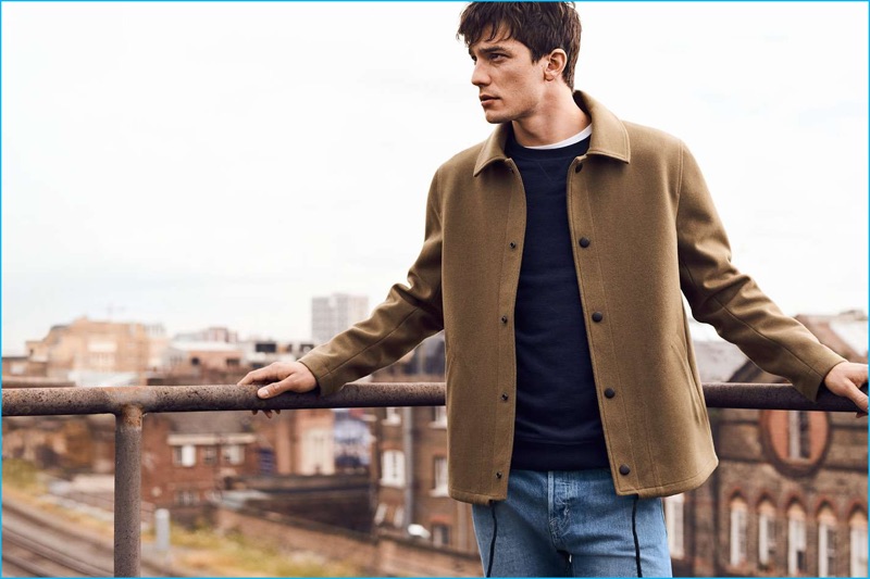 H&M wool-blend coach coat, sweatshirt, and slim regular selvedge jeans.