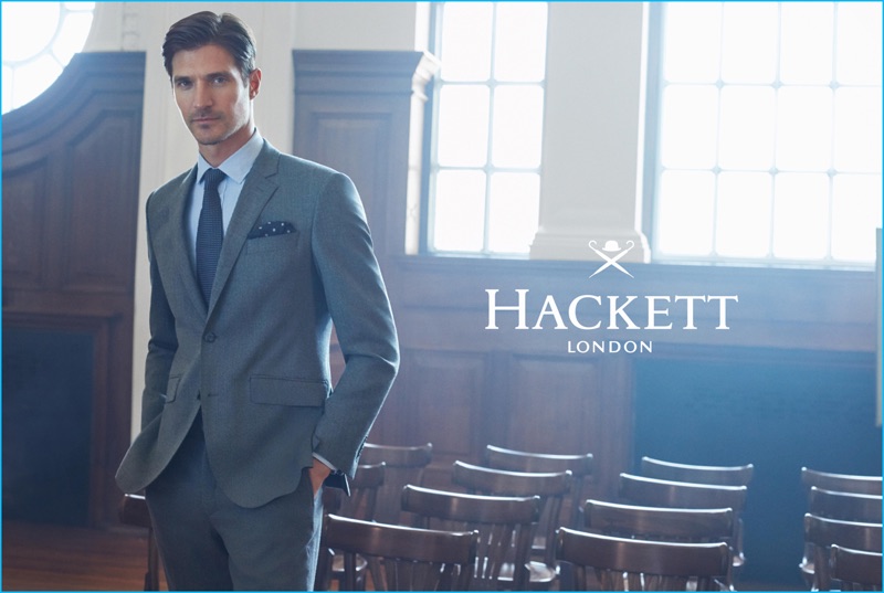 Matias Beck dons a grey suit for Hackett London's fall-winter 2016 advertising campaign.