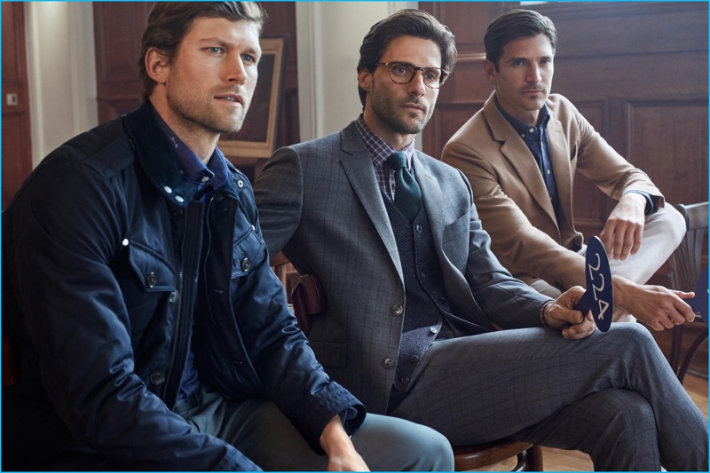 Models Jan Trojan, Tommy Dunn, and Matias Beck front Hackett London's fall-winter 2016 campaign.