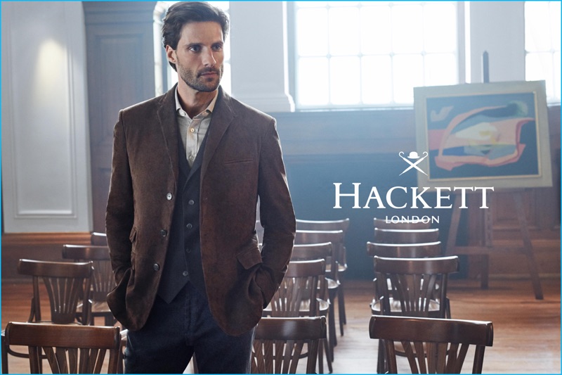 Donning fine tailoring, Tommy Dunn stars in Hackett London's fall-winter 2016 campaign.