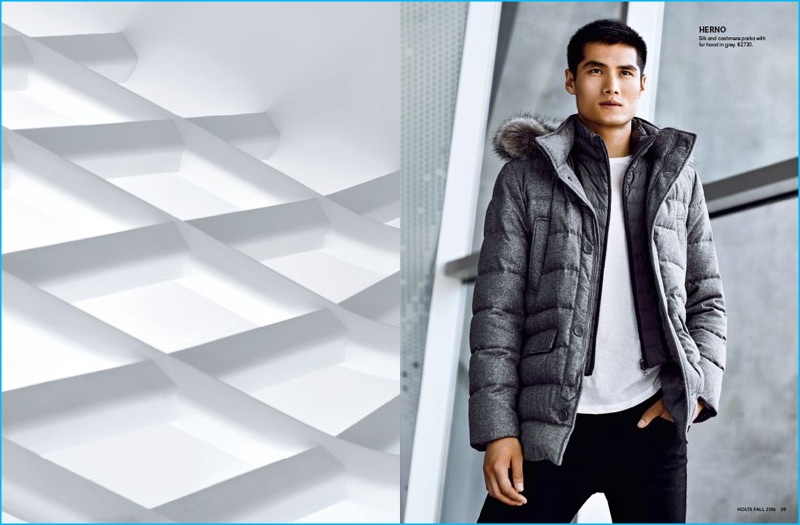 Hao Yun Xiang sports a puffer jacket from Herno for Holt Renfrew.