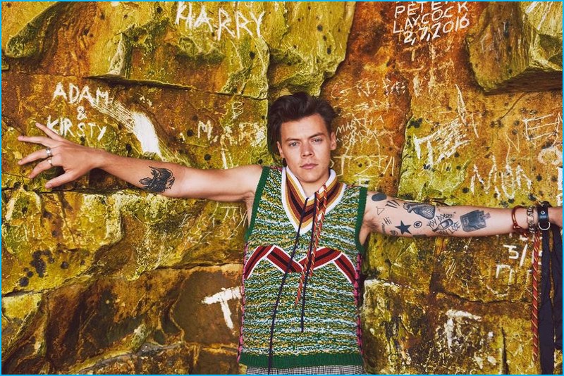 Harry Styles pictured in a sweater vest from Prada's spring-summer 2017 collection for Another Man.