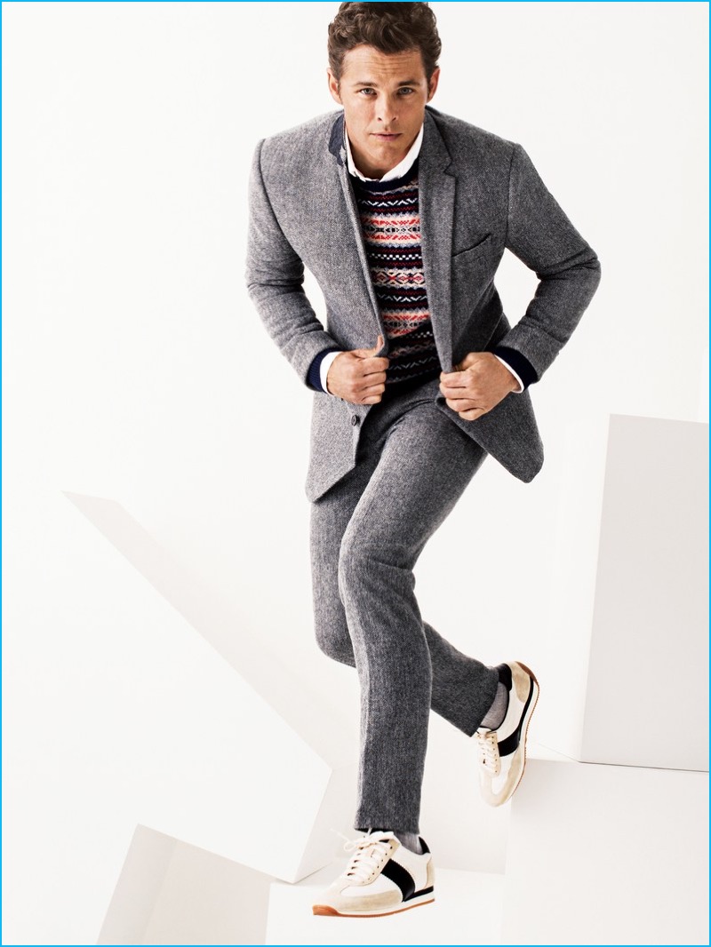 James Marsden is on the move in a Joseph Abboud suit with a J.Crew sweater, Hamilton Shirts shirt, Tom Ford sneakers, and Pantherella socks. » James Marsden Covers GQ, Reflects on Acting Career James Marsden is on the move in a Joseph Abboud suit with a J.Crew sweater, Hamilton Shirts shirt, Tom Ford sneakers, and Pantherella socks.