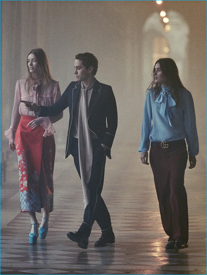 Behind the Scenes: Jared Leto walks models Julia Hafstrom and Vera van Erp through the streets of Venice. 