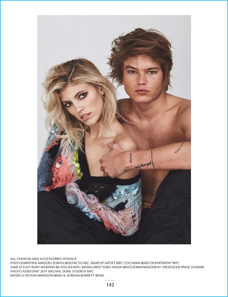 Jordan Barrett goes shirtless, posing with model Devon Windsor for Narcisse magazine.