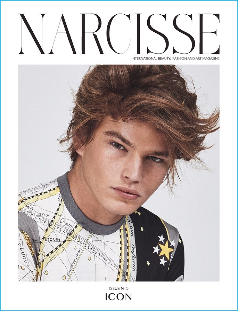 Jordan Barrett covers the Icon issue of Narcisse magazine in Versace.