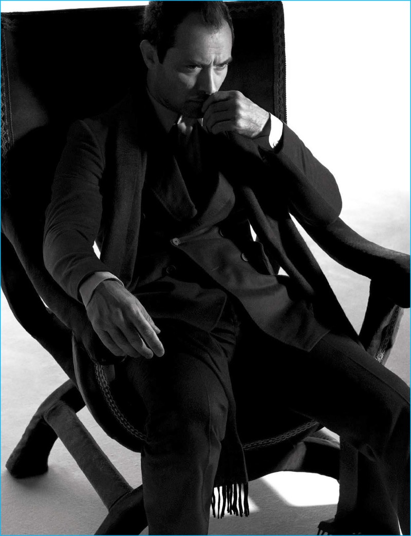 Jude Law dons tailoring from Bottega Veneta for L'Uomo Vogue.