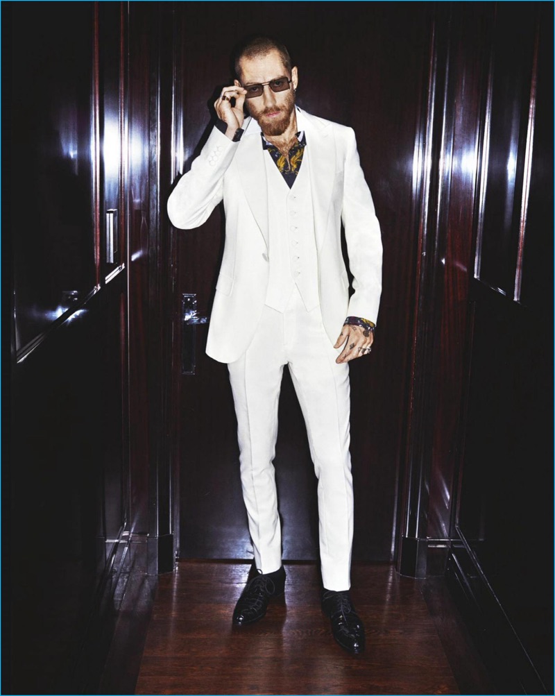 Justin O'Shea rocks a three-piece white suit from Brioni for GQ Australia.