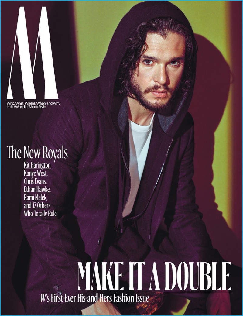 Kit Harington covers W magazine in a pinstriped Hermes blazer with a Vince hoodie and BOSS t-shirt.
