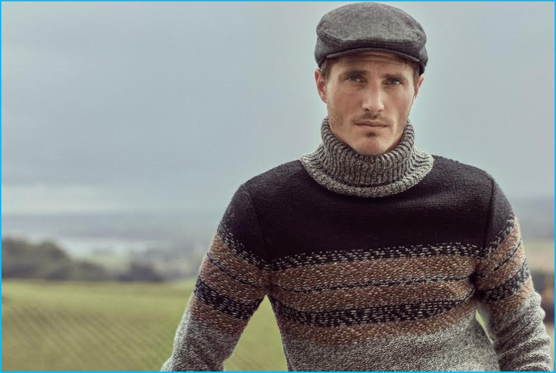 Ollie Edwards is front and center in a gradient sweater and newsboy cap for Koton Men's fall-winter 2016 campaign.