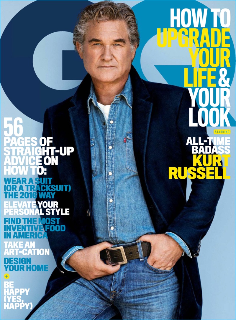 Kurt Russell covers the October 2016 issue of American GQ in double denim, sporting a Levi's denim shirt and 7 For All Mankind denim jeans with a Calvin Klein Collection coat and Tom Ford leather belt.