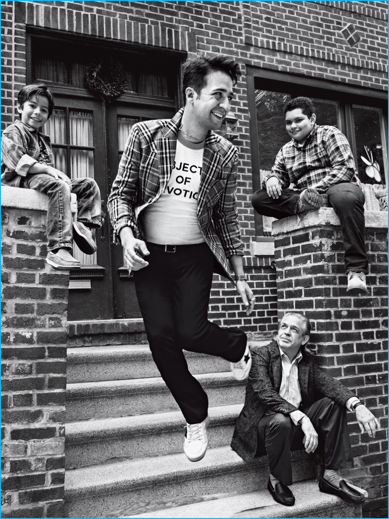 Captured in a black & white photo, Lin-Manuel Miranda wears a Prada sports jacket and pants from Prada with an Icons t-shirt, and Golden Goose Deluxe Brand sneakers for GQ. » Lin-Manuel Miranda Covers GQ, Talks Success Captured in a black & white photo, Lin-Manuel Miranda wears a Prada sports jacket and pants from Prada with an Icons t-shirt, and Golden Goose Deluxe Brand sneakers for GQ.