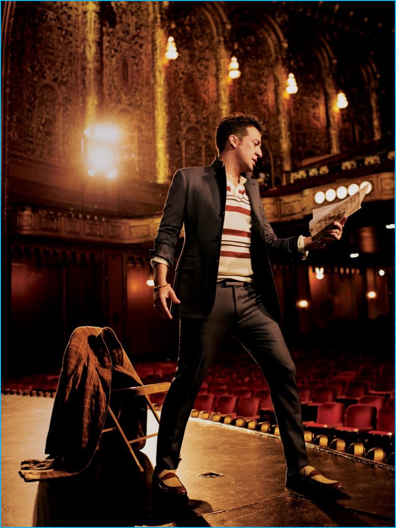 Lin-Manuel Miranda takes the stage in a Louis Vuitton suit with a vintage polo from Gap and Stacy Adams loafers for GQ.