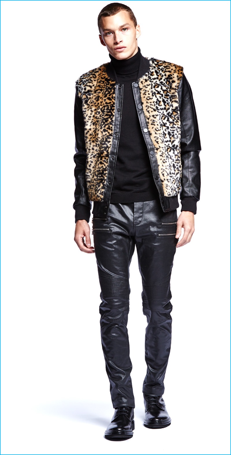 Louis Mayhew wears Laboratory leopard faux fur jacket and black coated moto jeans.