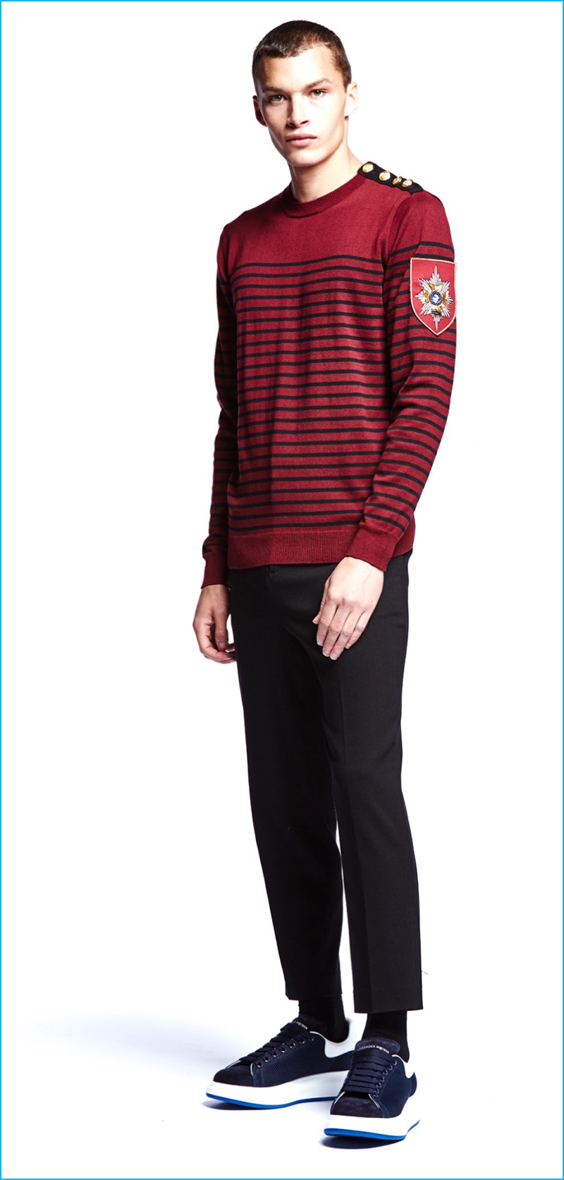 Louis Mayhew wears Laboratory striped burgundy naval sweater.
