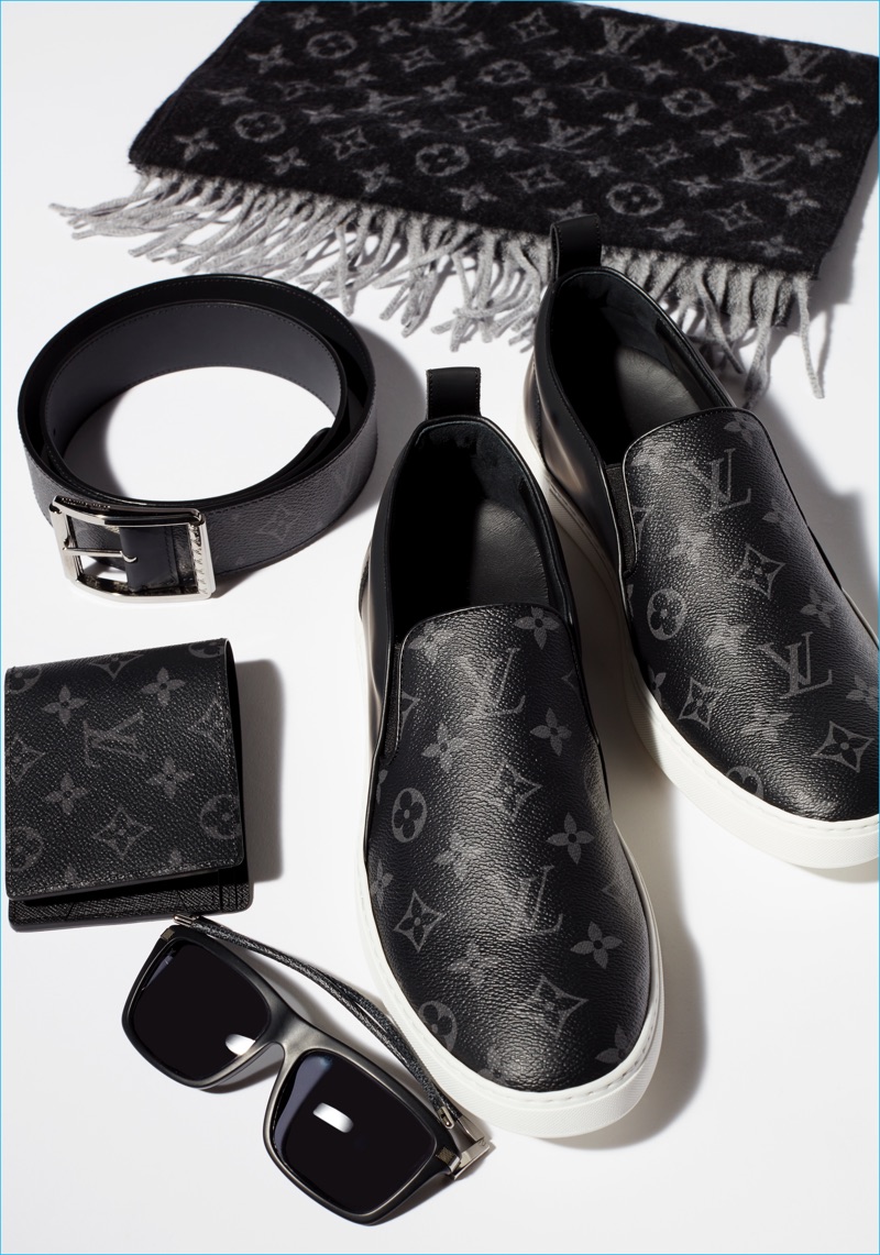 Louis Vuitton's Monogram Eclipse collection includes choice footwear such as the fashion house's leather slip-on sneakers.