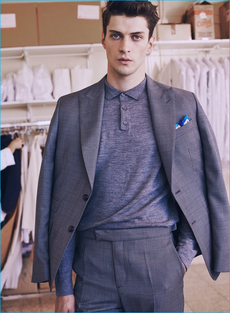 Matthew Bell dons a Mango Man suit with a polo for the brand's tailored style guide.