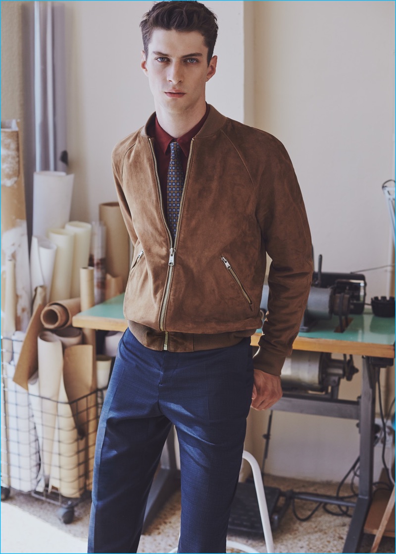 Matthew Bell updates the shirt and tie look with Mango Man's suede bomber jacket.