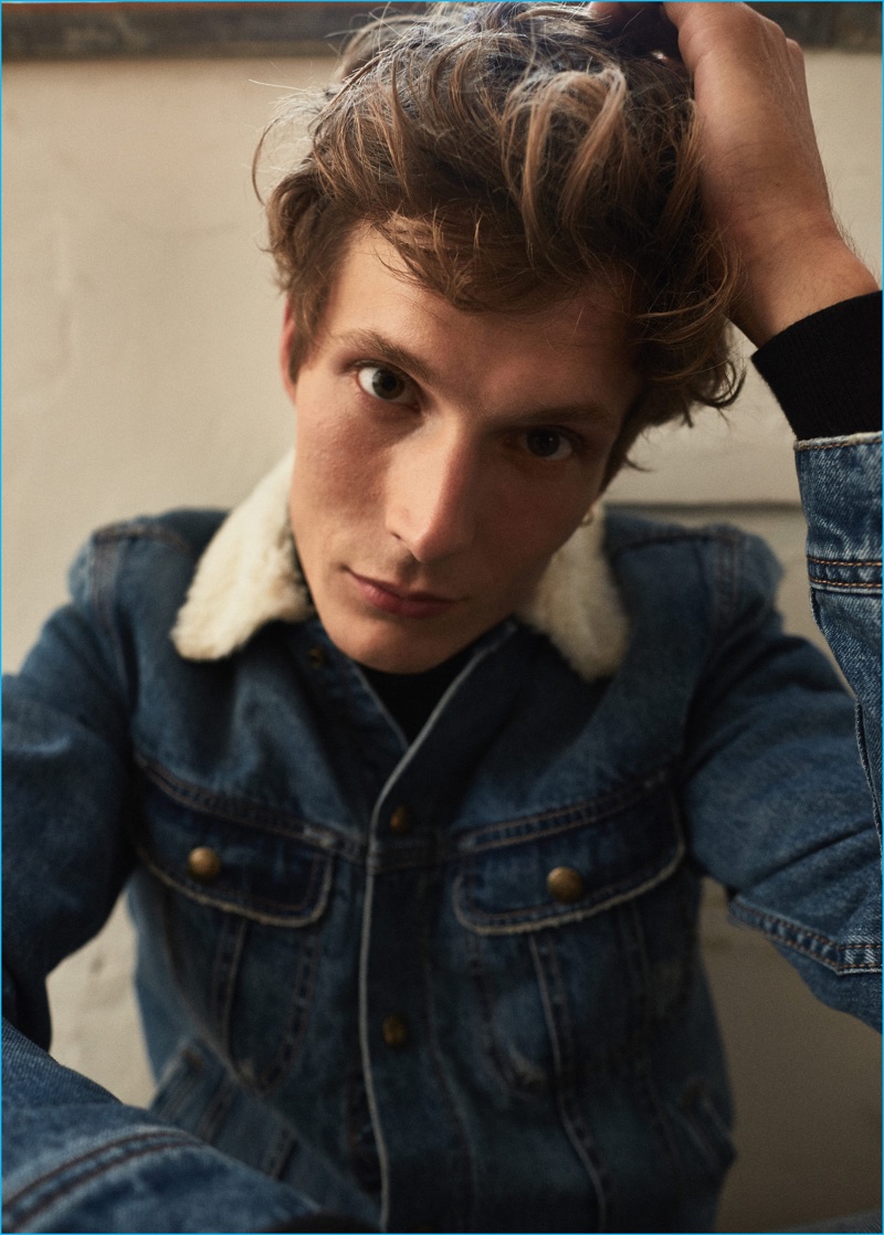 Felix Gesnouin goes casual in a faux shearling lined denim jacket from Mango Man.