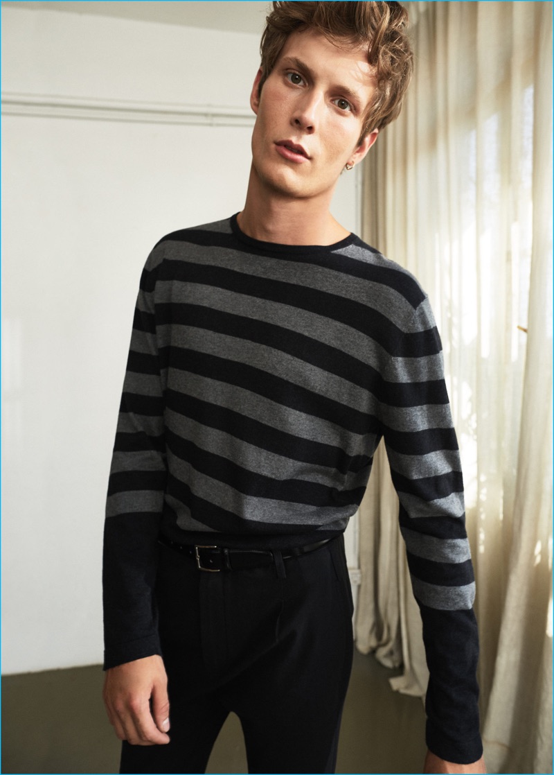 Felix Gesnouin pictured in a striped cotton sweater from Mango Man's new post punk style edit.