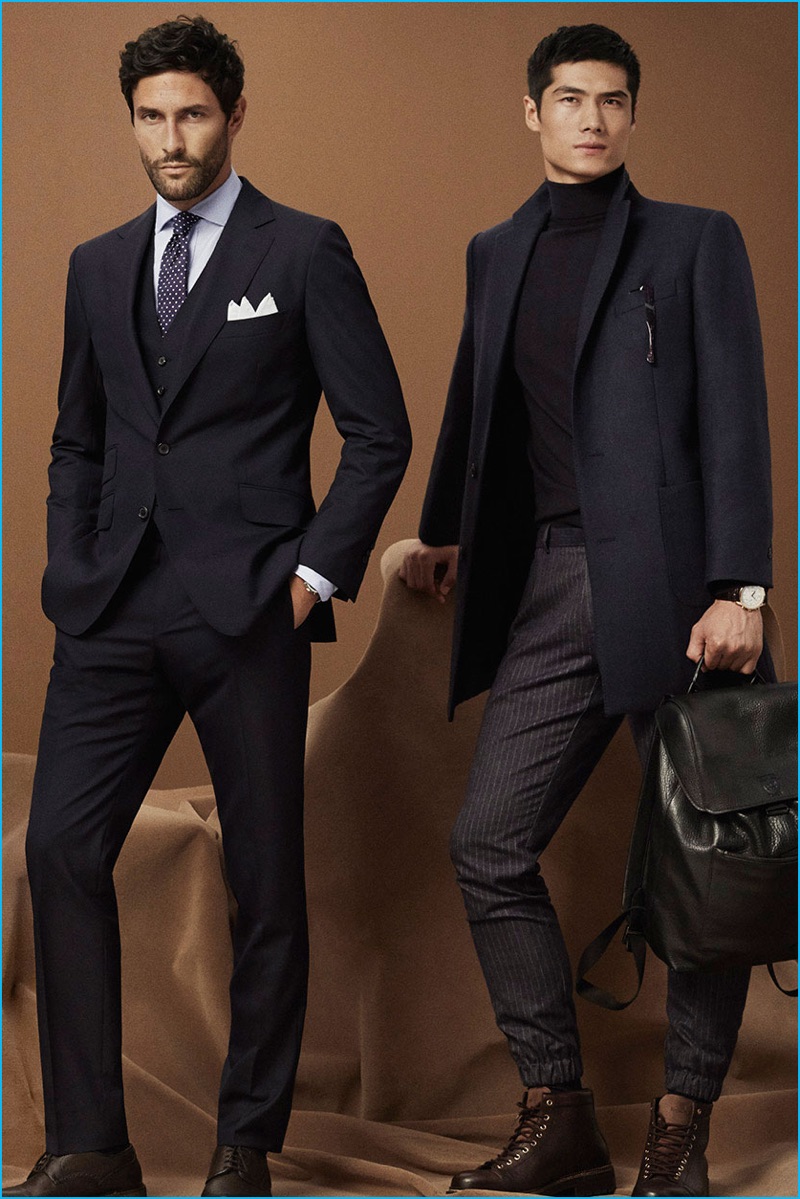 Noah Mills dons a sharp three-piece suit from Massimo Dutti, while Hao Yun Xiang embraces smart staples, which include tailored pinstripe joggers and a turtleneck.