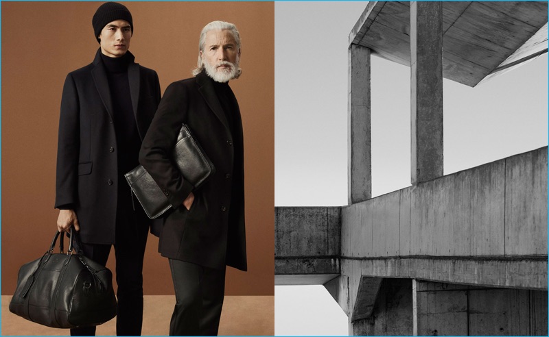 Hao Yun Xiang and Aiden Brady embrace dark hues in sharp coats from Massimo Dutti.