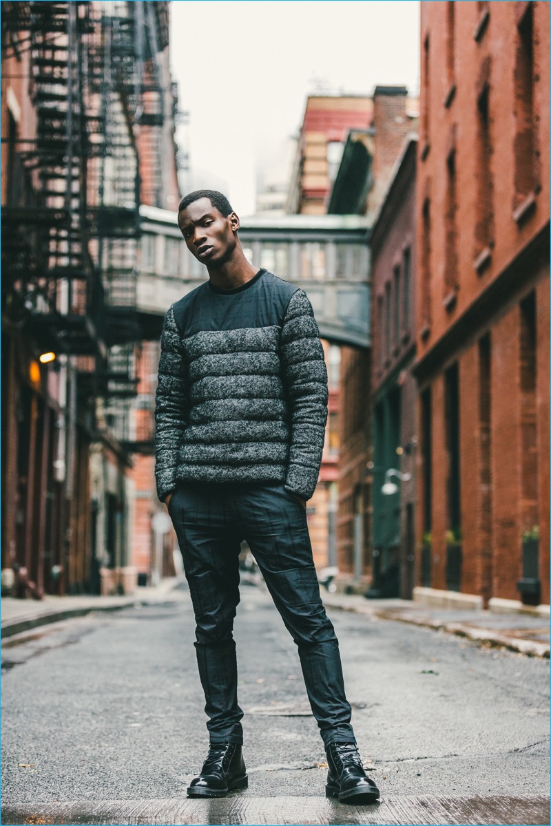 Adonis Bosso pictured in a quilted pullover from Matiere's fall-winter 2016 collection.