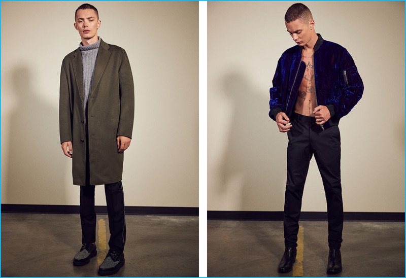 Left to Right: Simon Kotyk wears trousers Givenchy, contrast leather monk shoes Lanvin, Charles coat and Kalle sweater Acne Studios. Simon wears chinos Lanvin, bomber jacket, and leather chelsea boots Haider Ackermann.