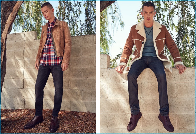 Left to Right: Simon Kotyk wears brown leather jacket Sacai, plaid flannel work shirt Engineered Garments, distressed denim jeans R13, and leather classic wingtip boots Thom Browne. Simon wears shearling coat Loewe, sweatshirt Maison Margiela, denim jeans Acne Studios, and sneakers Givenchy.