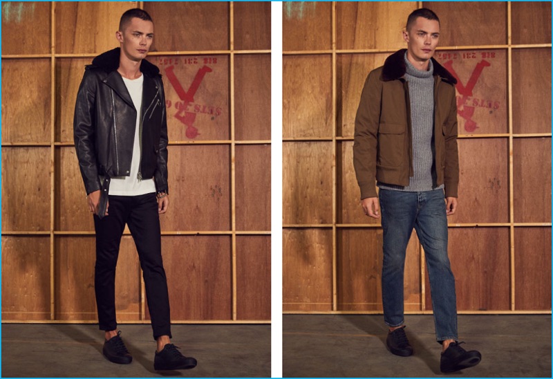Left to Right: Simon Kotyk wears leather jacket, cotton tee, black denim jeans, and sneakers Acne Studios. Simon wears Abel twill jacket, distressed denim jeans, and sneakers Acne Studios.