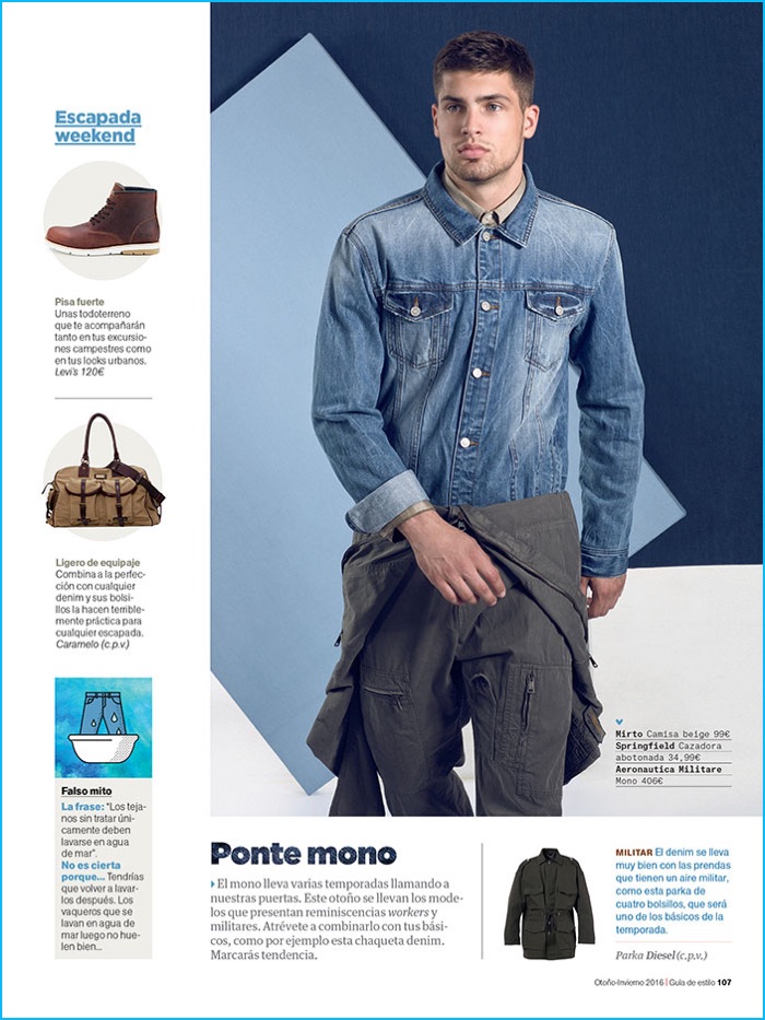 Miroslav Cech sports a Springfield denim shirt with a military style jumpsuit for Men's Health Spain.