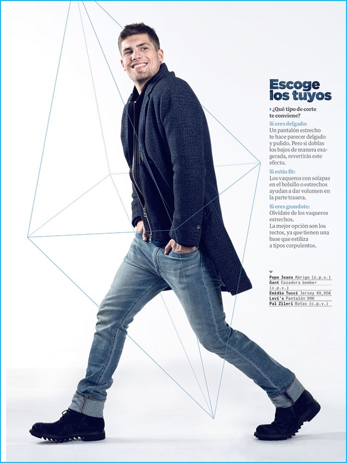 Miroslav Cech is all smiles in a Pepe Jeans coat with a Gant bomber jacket, Levi's jeans, and Pal Zileri boots for Men's Health Spain.