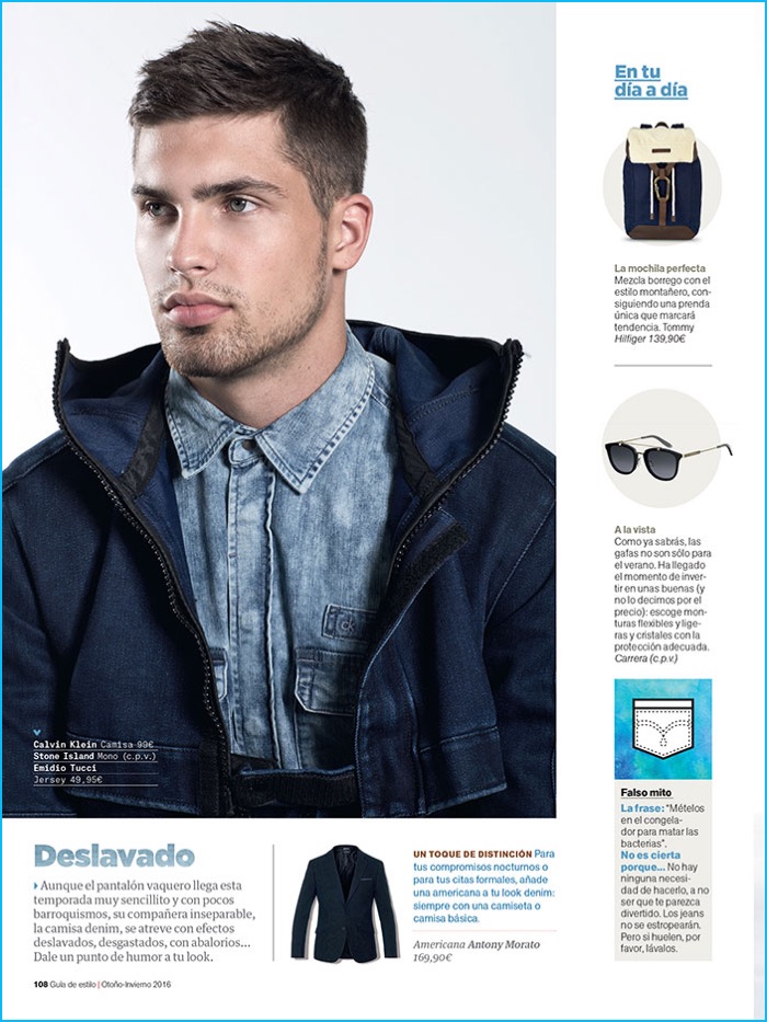 Miroslav Cech is front and center in a Calvin Klein Jeans denim shirt with a Stone Island jacket for Men's Health Spain.