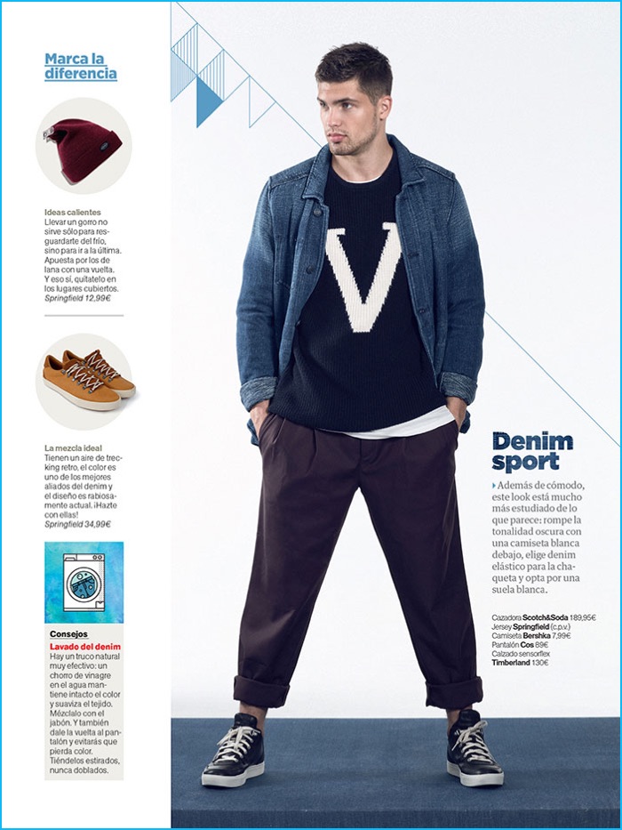 Miroslav Cech goes sporty in a Bershka denim shirt with a Scotch & Soda knit sweater, COS pants, and Timberland sneakers for Men's Health Spain.