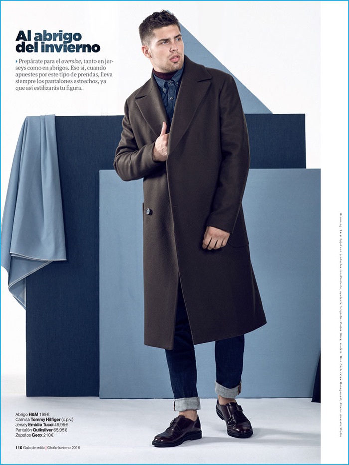 Miroslav Cech braces for the cold in an oversized H&M coat with Quicksilver denim jeans and Geox dress shoes for Men's Health Spain.