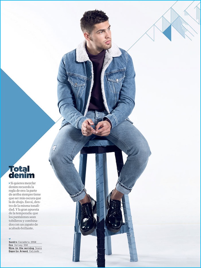 Miroslav Cech doubles down on denim, wearing a Sandro shearling lined denim jacket and Nine in the Morning denim jeans for Men's Health Spain.