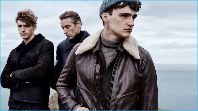 Touch of Shearling (Left to Right): Prada Shearling Jacket, Brioni Shearling Bomber Jacket, and Belstaff Campbell Shearling-Trimmed Leather Jacket.