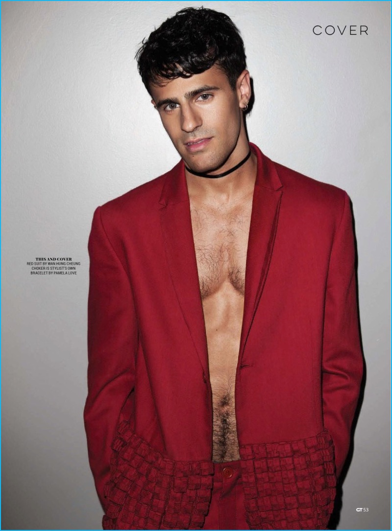 Neil Amin-Smith dons a red Wan Hung Cheung suit for Gay Times.